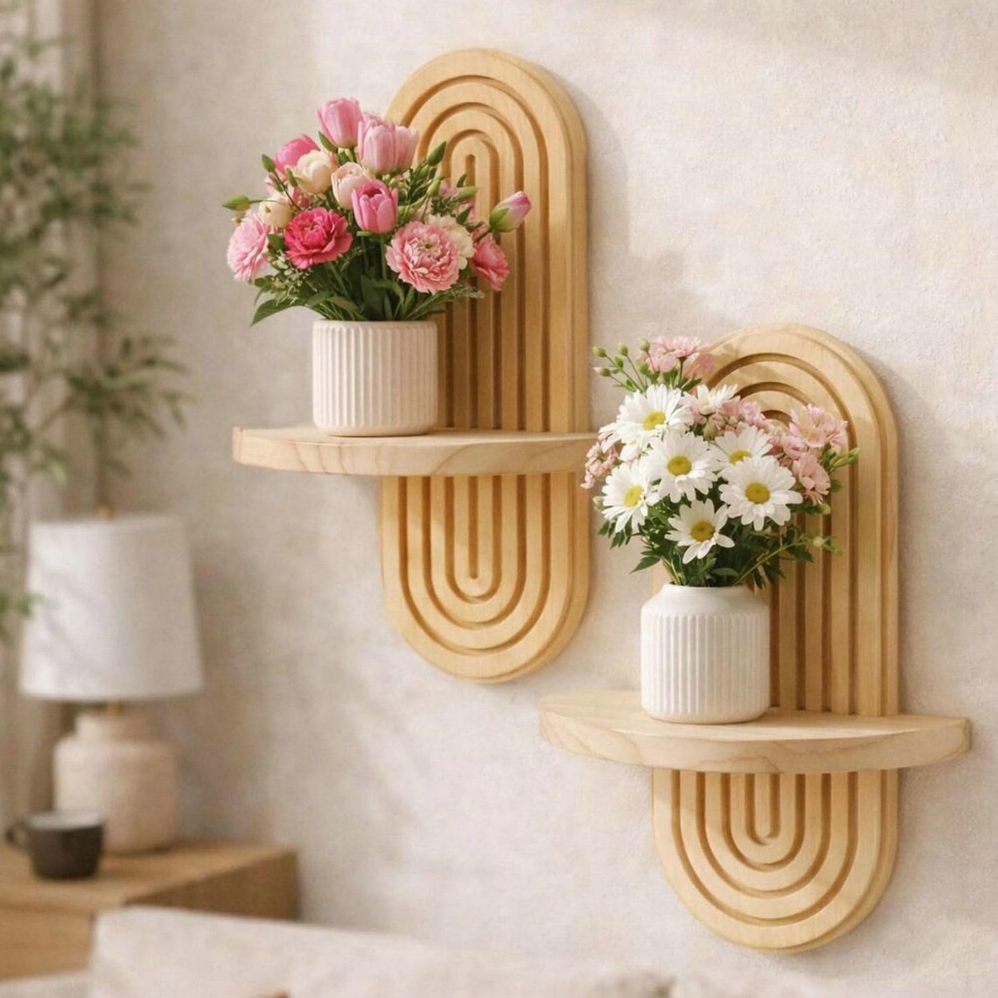 Natural Solid Wood Arched Wall Mount Shelf, Floating Decor Display Shelving for Succulents, Mini Plants, Home Decor & Bathroom Small Ornaments (Natural, 11.8" X 7.8")