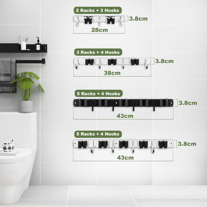 5 Holders+4 Hooks Black Broom Holder Wall Mounted with Nails Installation, Heavy Duty Stainless Steel Mop Holder, Brush Mop and Broom Storage Self Adhesive