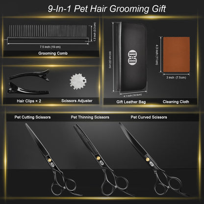 CIICII Dog Grooming Scissors Kit, 7.8 Inch Professional Pet Grooming Scissors Set (Dog/Cat Hair Thinning Trimming Cutting Shears) with Curved Scissor for DIY Home Salon (Heavy Duty-Black-9Pcs)