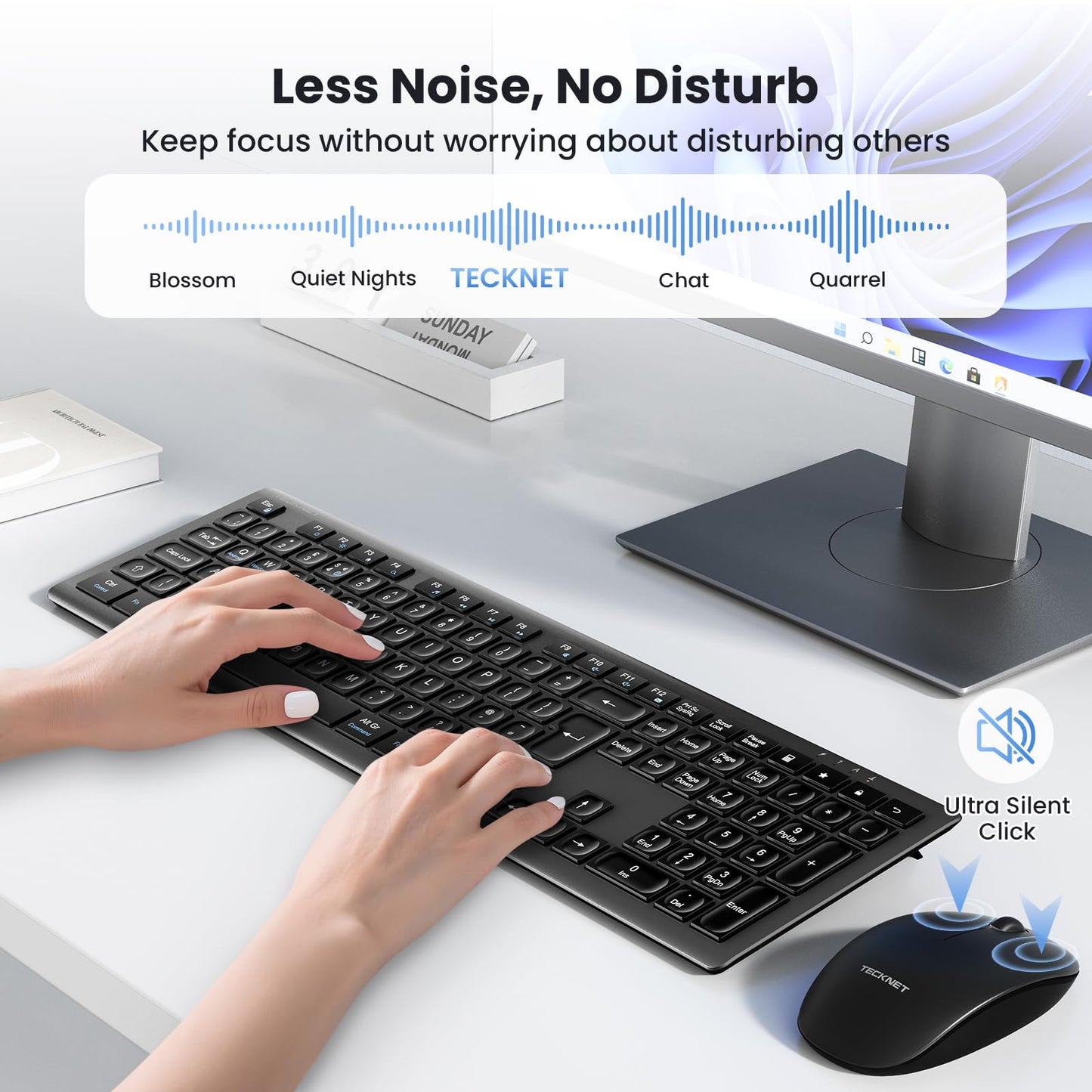 TECKNET Wireless Keyboard and Mouse Combo, Rechargeable Ultra Thin Full-Size Cordless Keyboard and Silent Click Mouse Set, 2.4G Plug & Play, QWERTY UK Layout Keyboards for Windows PC Laptop Computer