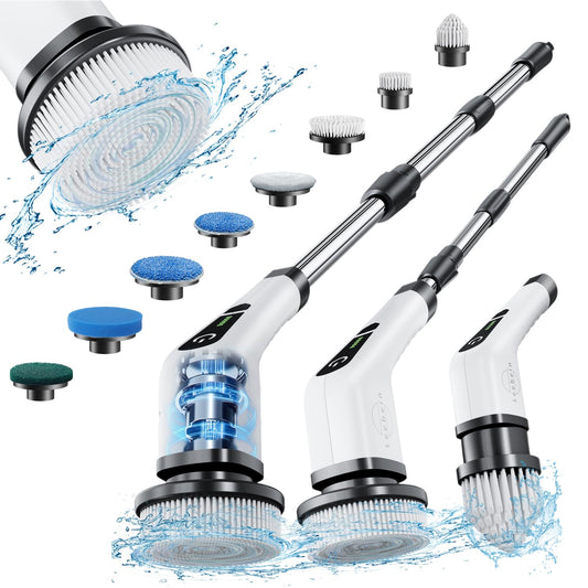 Leebein Electric Spin Scrubber, Cordless Cleaning Brush with 8 Replaceable Brush Heads, Extendable Long Handle Bathroom Cleaning Scrubber, 300/400RPM Spin Scrubber for Bathroom Kitchen Floor Tile