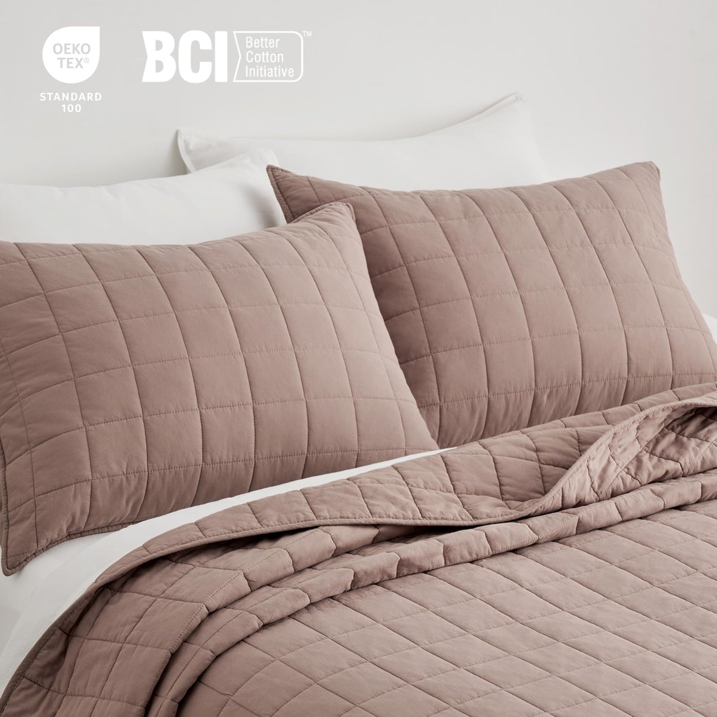EVERGRACEHOME 100% Cotton Box Stitch Quilt Bedding Set King Size 3 Pieces, Garment-Washed Lightweight Soft Cozy Coverlet, Oversized Quilted Bedspread Sets with 2 Shams for All Season, Clay