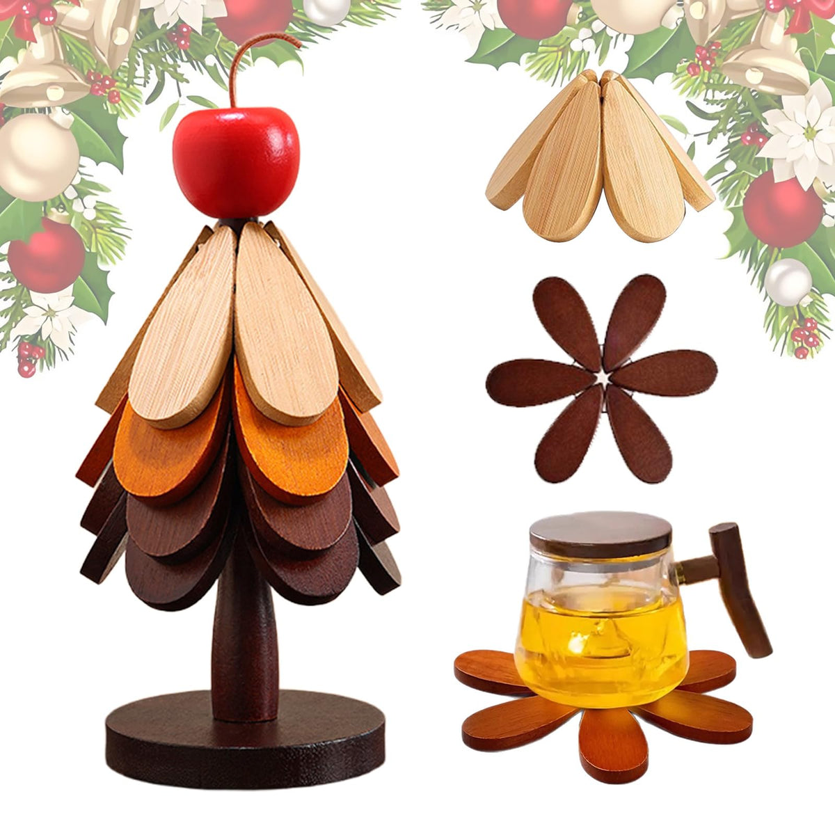 3 Pcs Wooden Trivets for Hot Dishes with Storage Stored, 5.7" Foldable Christmas Tree Shaped Trivets Set, Heat Resistant Hot Pads for Hot Pots Bowl Teapot, Kitchen Decor for Quartz Counter (Apple)