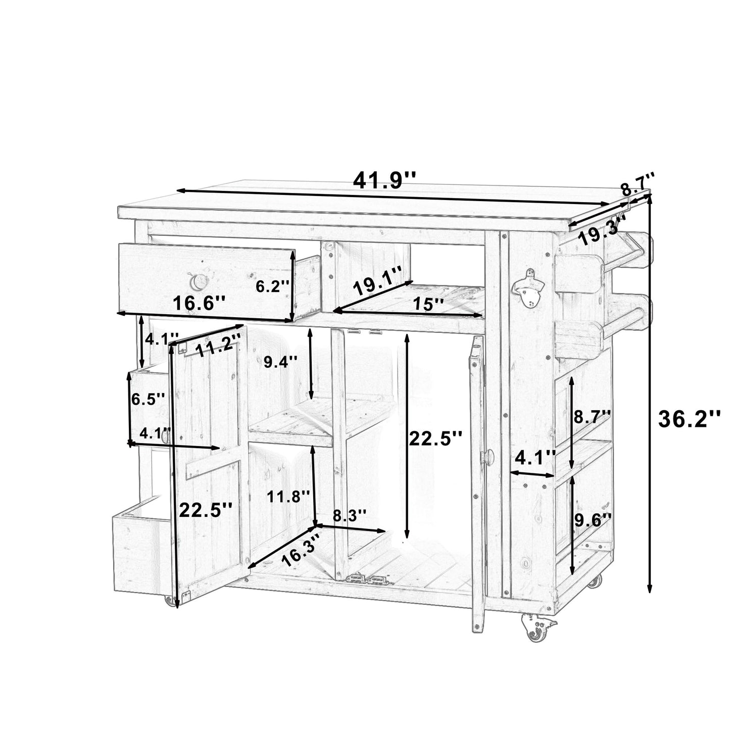 GDFStudio Winford Patio Kitchen Island Cart with Extendable Top, Wooden Outdoor Storage Cabinet with Stainless Steel BBQ Prep Table Top, Drawers, Spice Rack and Lockable Wheels, Potting Bench, Brown