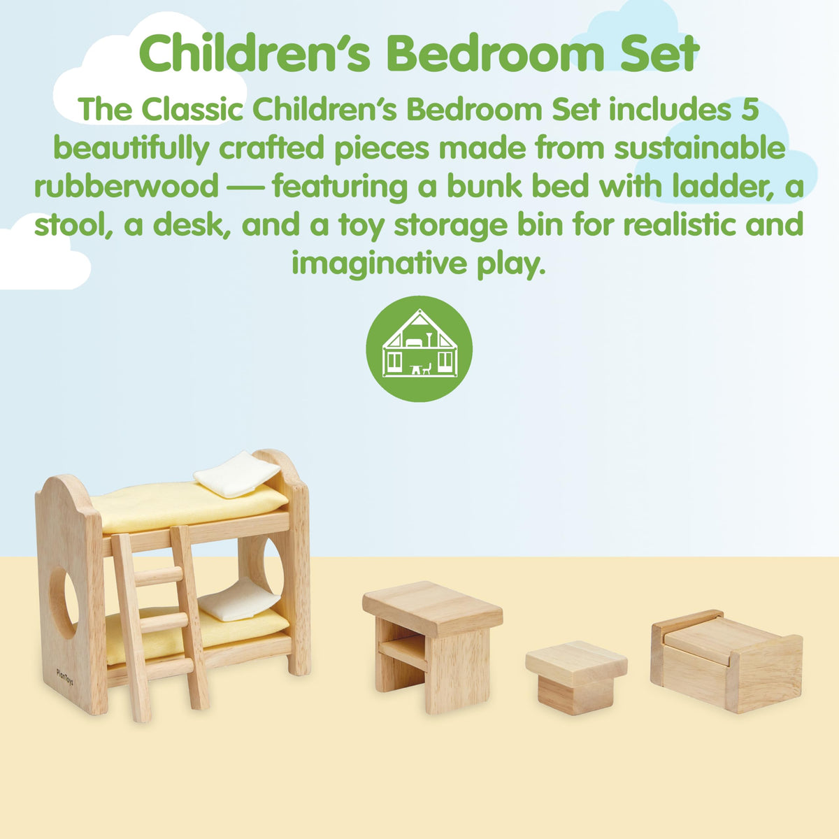 PlanToys® Wooden Children’s Room Classic Set for Montessori Small World Play | Creative Role Play and Social Interaction | Eco Friendly Wooden Dollhouse Bedroom Furniture for Imaginative Play
