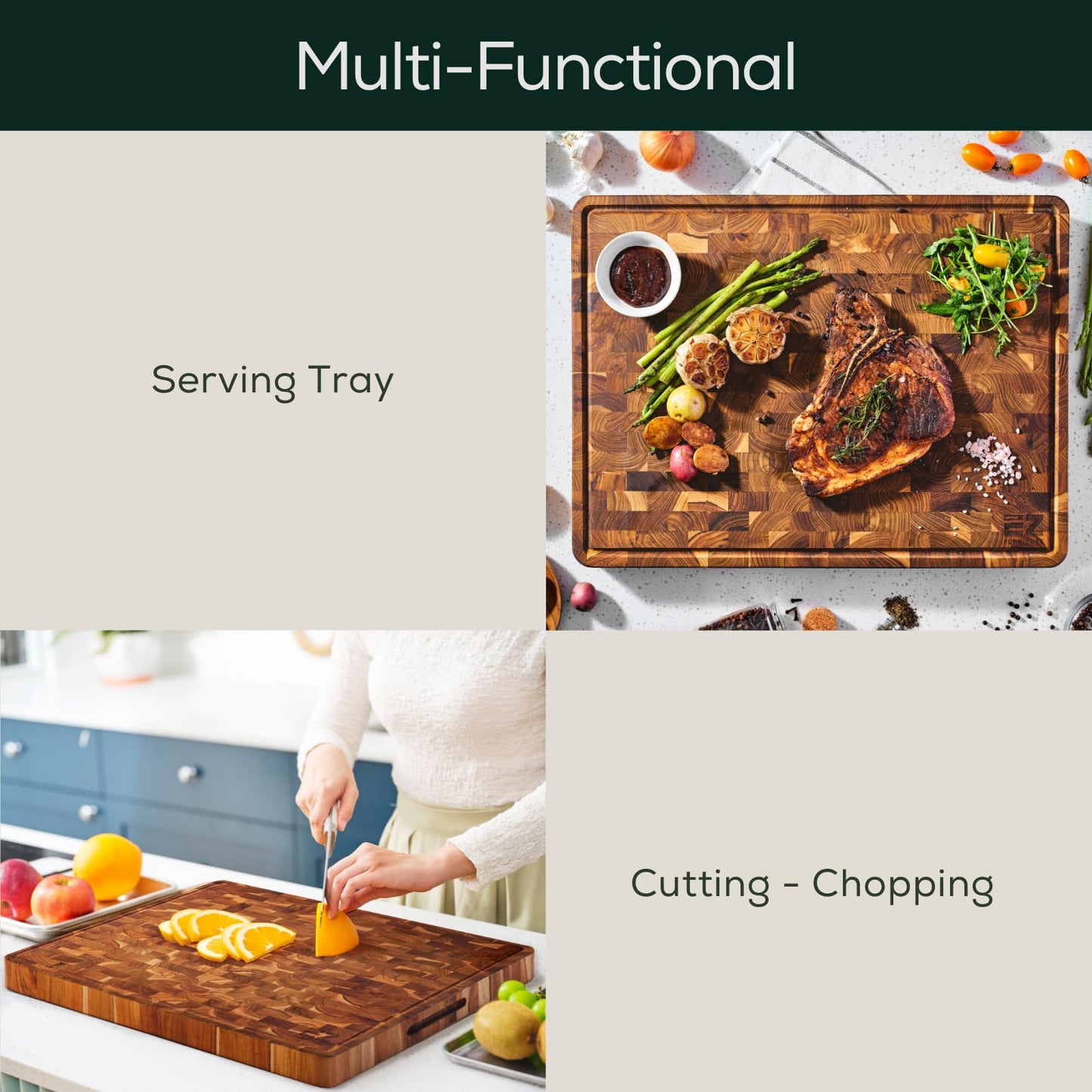 EZ FURNITURE Large (L) Acacia End Grain Cutting Board, Reversible, Knife-Friendly Charcuterie Butcher Block with Juice Groove & Handles, Non-Toxic, Gift Box Included (20" x 15" x 1.5")