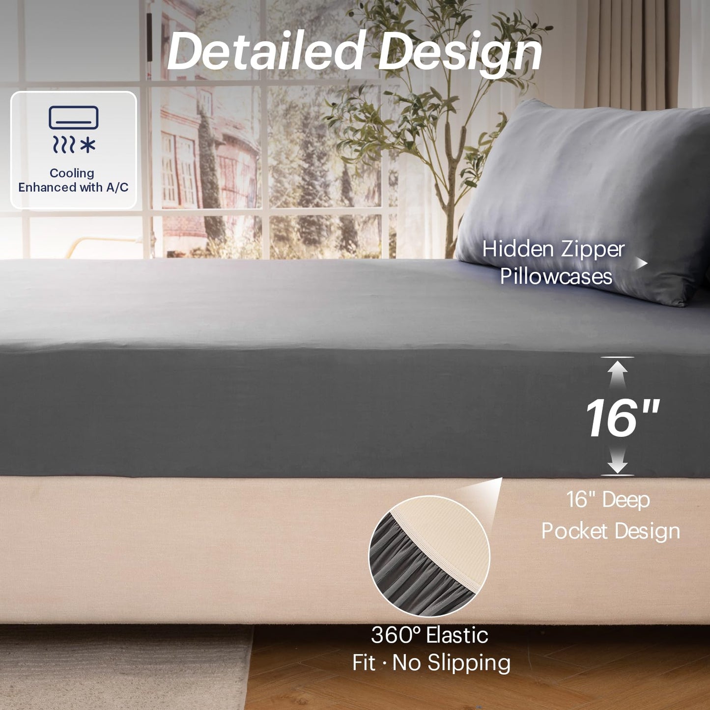 OMERAI 3 Piece Cooling King Size Sheet Set, Bed Sheets Set with 1 Fitted Sheet & 2 Pillowcases, Breathable Cool-to-Touch Fabric, Soft Smooth Deep Pockets Bed Sheets for Summer, Dark Gray