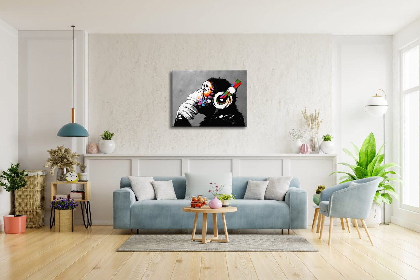 Wieco Art Black Framed Monkey With Headphones Banksy Graffiti Art Abstract Canvas Paintings Prints Animal Canvas Wall Art for Wall Decor and Home decorations Office Decor