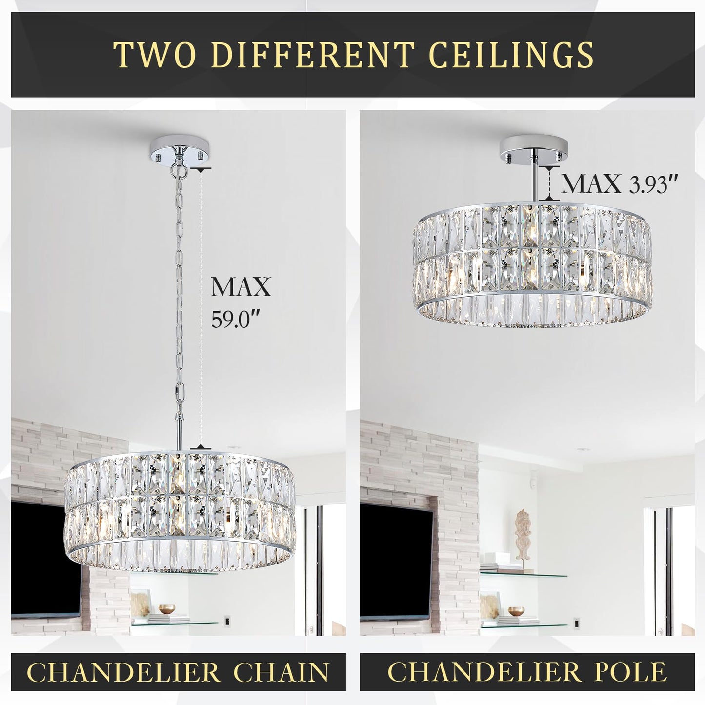 CATINER Modern Crystal Chandelier 18”Chrome Semi Flush Mount Ceiling Light Fixtures 6-Lights Drum Crystal Pendant Lighting for Dining Room Foyer Bedroom Living Room