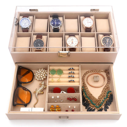 KLOUD City 12-Slot Watch Box with Lockable Drawer Acrylic Display Lid | Velvet Organizer for Luxury Watches, Jewelry & Eyewear (Pink-W3008)