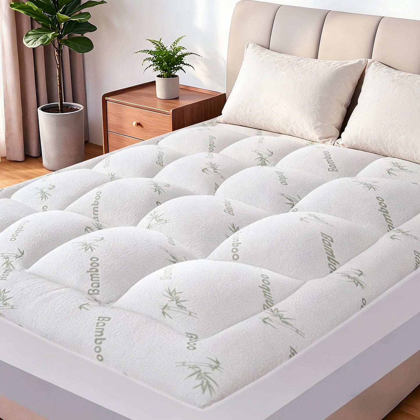 Exruby Luxury Full Mattress Topper - 40% Viscose Derived from Bamboo - Extra Thick Pillow Top Mattress Pad with 8-20 Inch Deep Pocket, Breathable Jacquard Surface for Back Pain Relief(White)