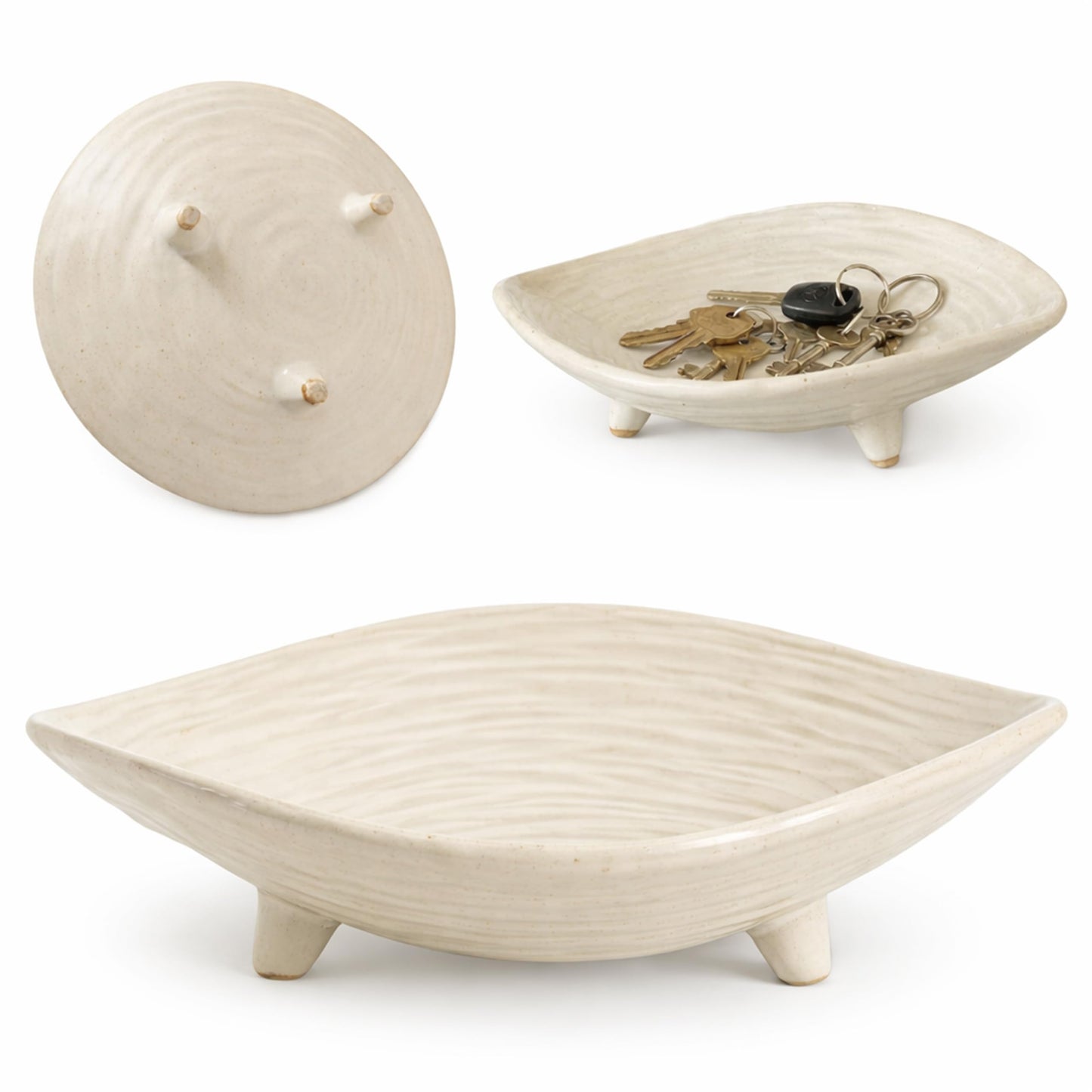 BSTUR Small Decorative Bowl, 6” Ceramic Key Bowl for Entryway Table, Multi-Purpose Decorative Bowls for Candy, Jewelry and Home Decor（Retro White）