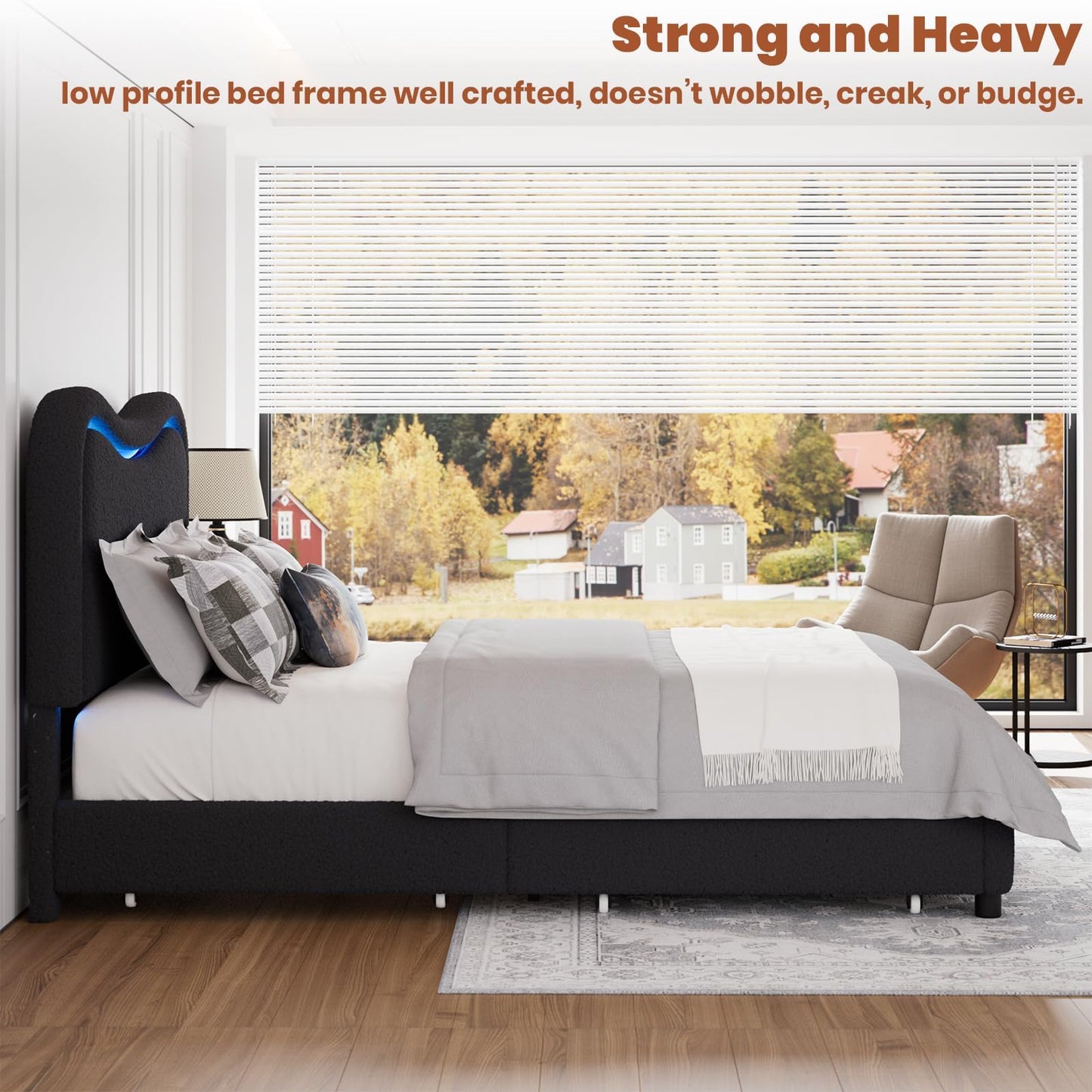 Garvee Boucle Queen Bed Frame with 2 Storage Drawers, Upholstered Platform Bed with LED Headboard, Wood Slats Support, No Box Spring Needed for Kids, Teens-Black