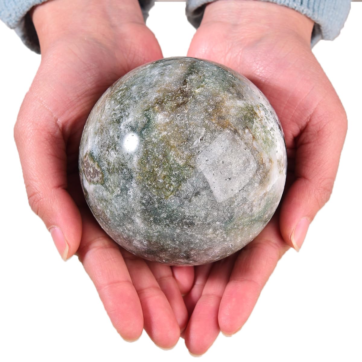 MOGEMT Large Moss Agate Crystal Sphere Natural Healing Crystal Ball with Stand Meditation Decorative Balls Home Decor 90-100mm/3.5-3.9"
