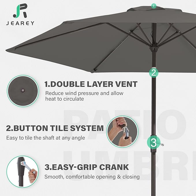 JEAREY 7.5FT Patio Umbrella Market Table Umbrella with 6 Sturdy Ribs, Push Button Tilt/Crank Outdoor Umbrella for Garden, Deck, Backyard, Pool and Beach,Gray