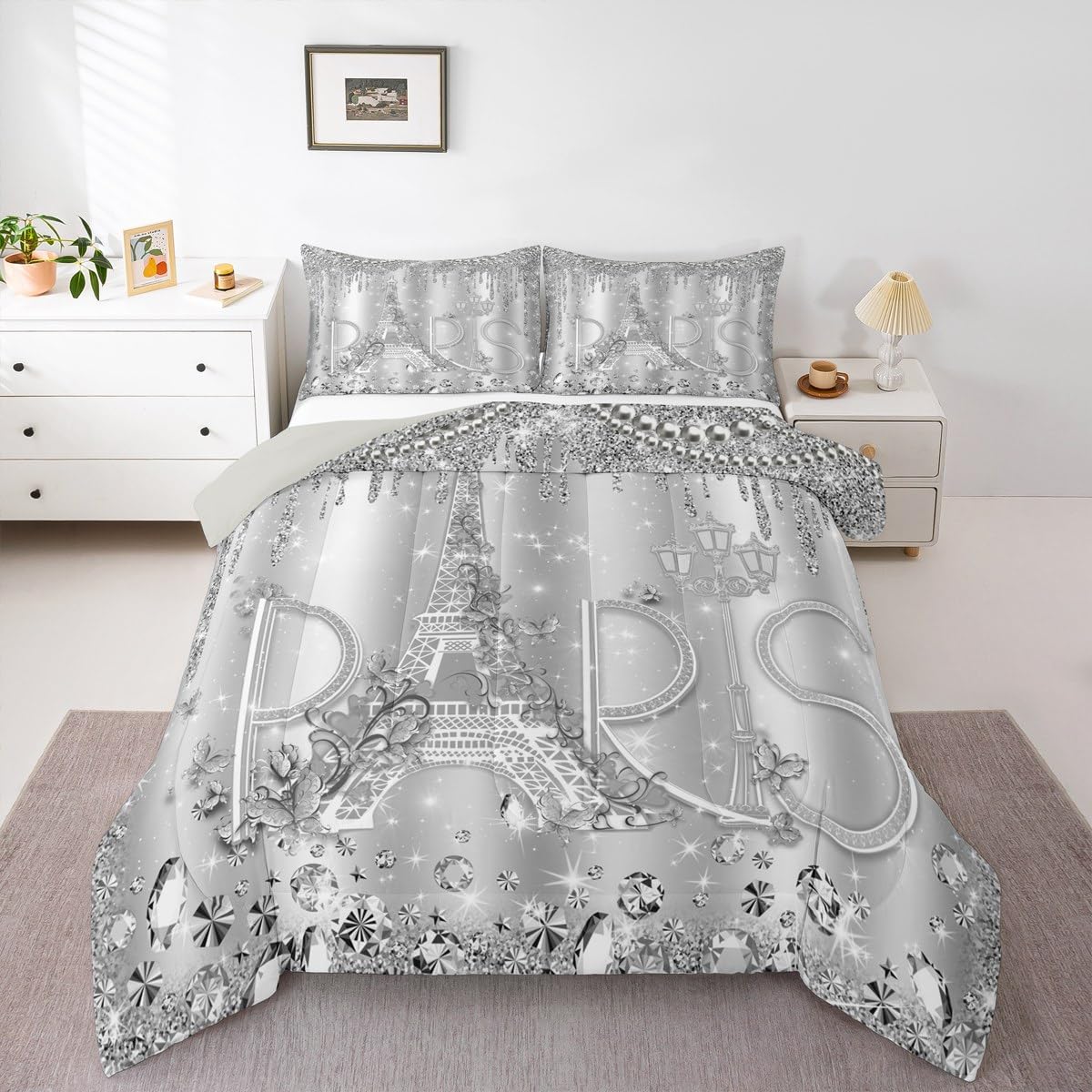Paris Comforter Set Queen Size Sliver Glitter Diamond Bedding Set 3pcs for Kids Girls Boys Women Room Decor,Romantic Eiffel Tower Quilted Duvet Luxury Pearls and Jewels Duvet Insert,2 Pillowcases