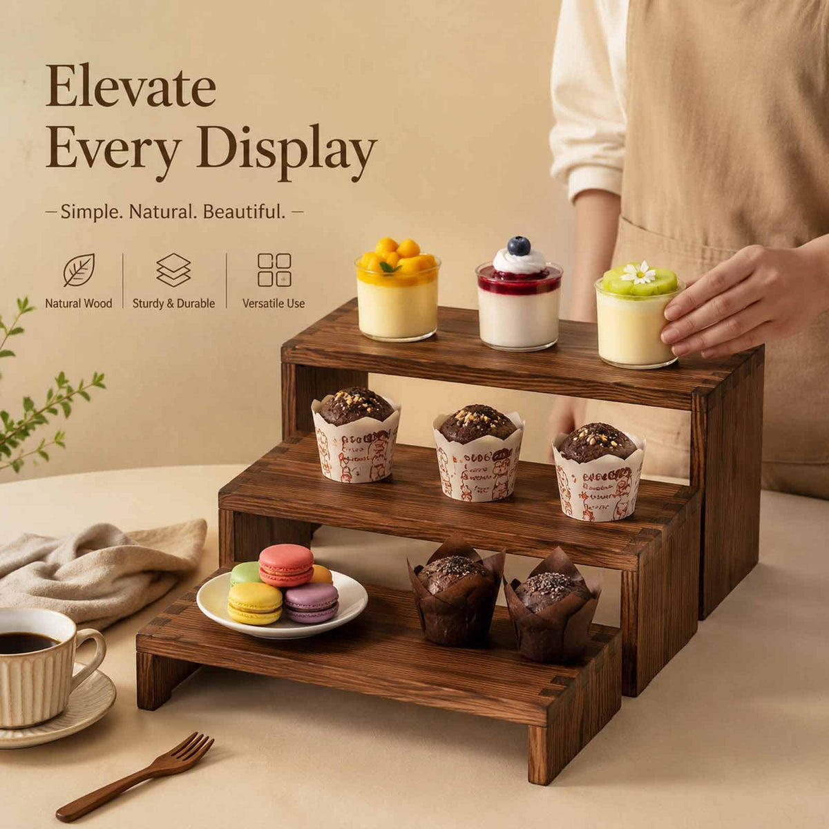 Jerbikas 3-Tier Wooden Display Risers, Tiered Display Stand, Shelf Risers for Table Display, Small Wood Display Shelf