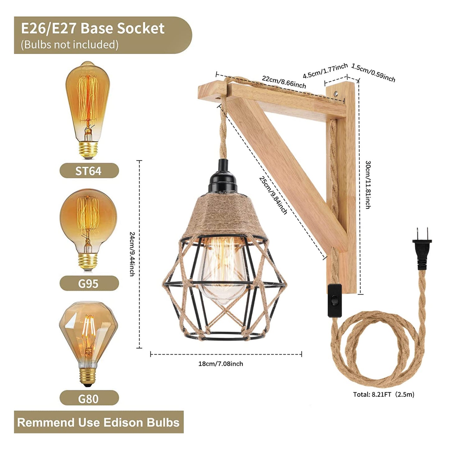 Frideko Wood Wall Sconces Set of Two Plug in, Rustic Wall Lamp with Plug in Cord, Farmhouse Wall Light Fixtures with 8.21FT On/Off Switch Cord, Indoor Sconces Wall Lighting for Bedroom Living Room