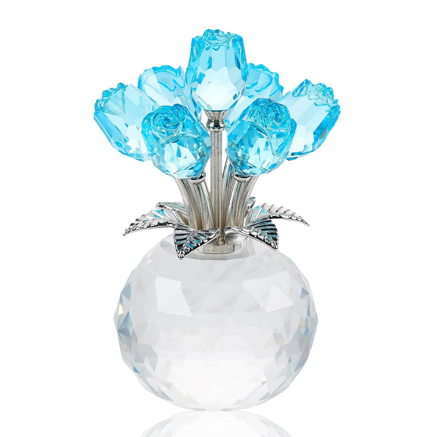 Arikyrist Crystal Lake Blue Rose Bouquet Figurine with Round Vase Gifts for Her, Glass Rose Flower Romantic Keepsakes for Women Mom on Christmas, Collectible Decoration Table Centerpiece for Home