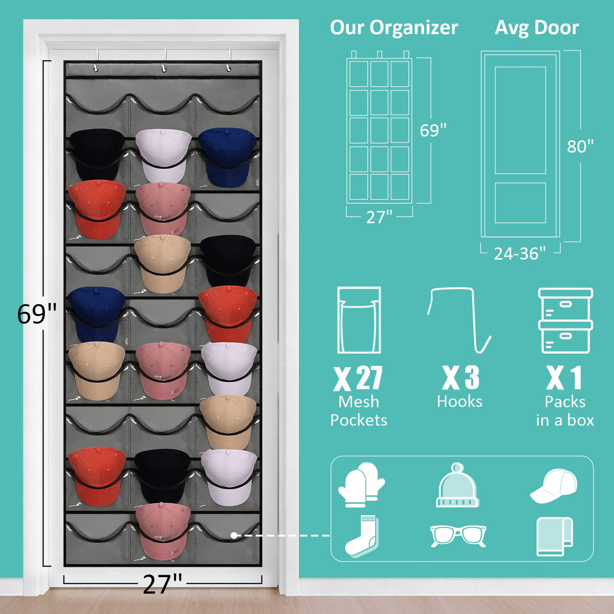 27 Pockets Hat Rack For Baseball Caps Hanging Hat Organizer Over The Door Hat Storage Organizer For Closet Wall With Large Clear Pockets & 3 Hooks Caps Hat Holder Hanger for Baseball & Sport Caps