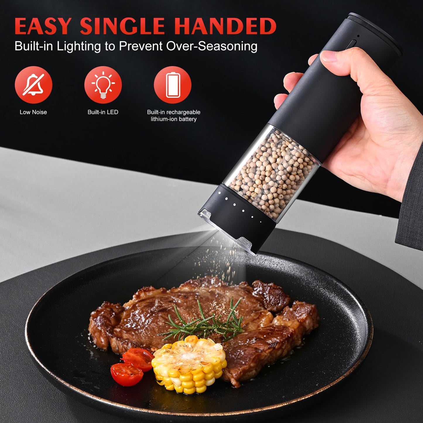 Electric Salt and Pepper Grinder Set - Rechargeable Automatic Salt and Pepper Shakers, External Adjustable Coarseness, LED Light, USB Rechargeable,Home Gifts, Black (Set of 2)