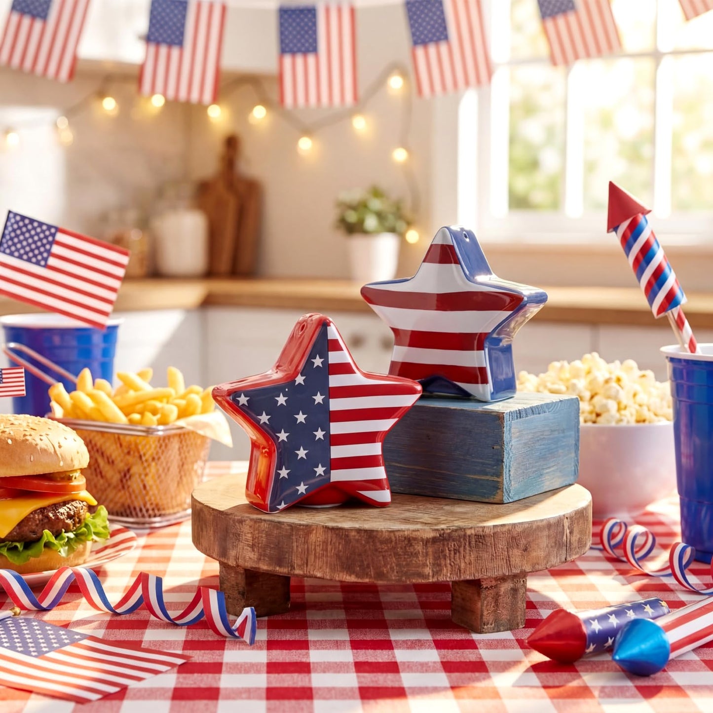 RimCereal 2 Pcs 4th of July Star Shaped Salt and Pepper Shakers with American Flag Decor 3 Inch Patriotic Memorial Day Ceramic Salt and Pepper Shakers Set Red White Blue Decorations for Home Kitchen