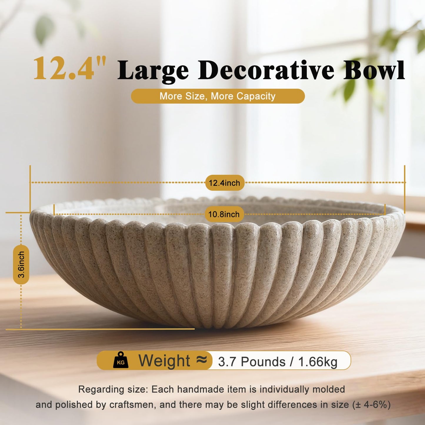 Richtmall Large Resin Decorative Bowl 12 Inch, Fruit Bowl Sandstone Ruffle Key Bowl for Coffee Table Shallow Centerpiece Bowl Catch All Bowl for Kitchen Counter, Entryway, Living Room