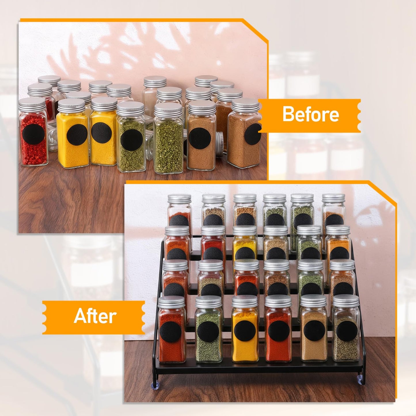 Exclaith 4 Tier Spice Rack for Cabinet, Step Adjustable Spice Shelf, Metal Step Spices Storage Holder with Protection Railing, Seasoning Organizer for Countertop, Cupboard, Pantry