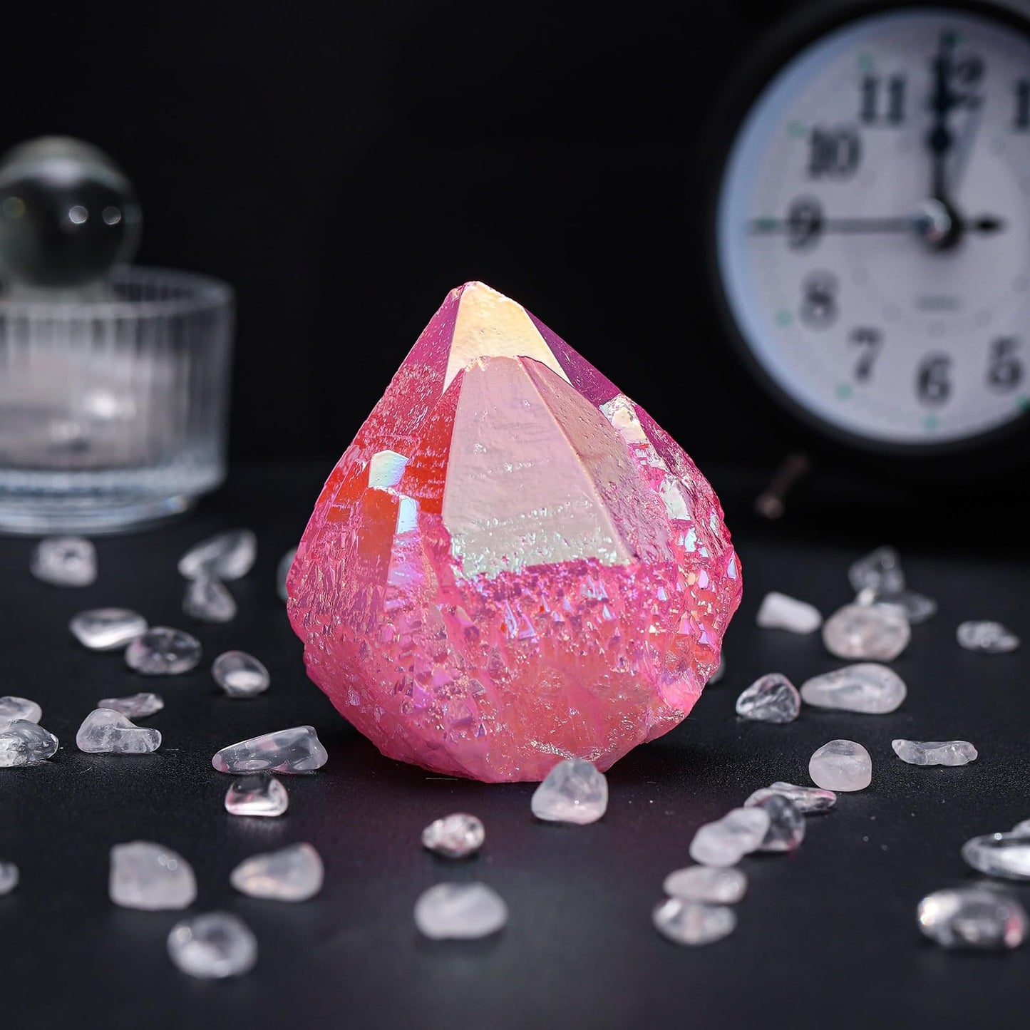 TUMBEELLUWA Titanium Coated Pink AB Crystal Cluster, Angel Aura Quartz Decorative Rock Geode Mineral Specimen for Home Shelf