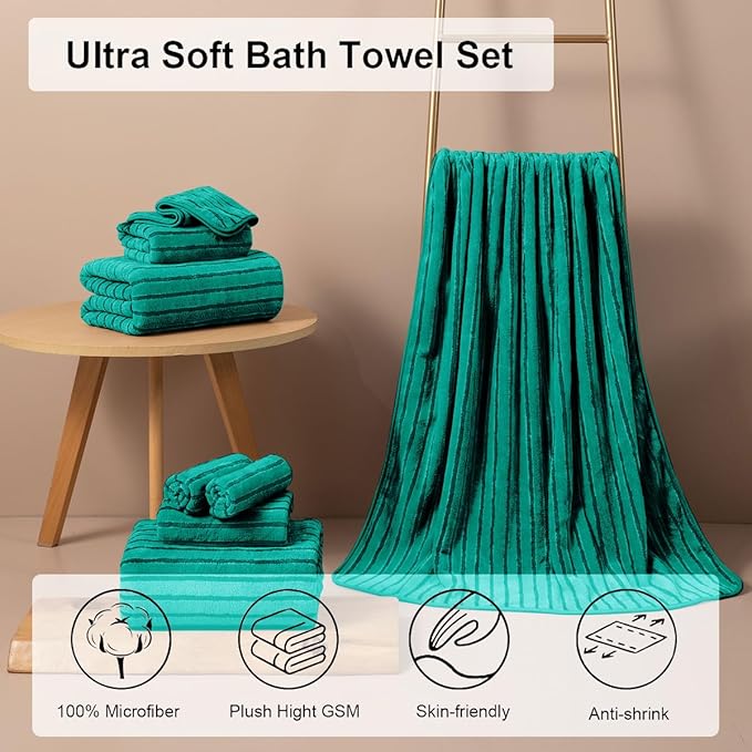 4 Pcs Blue Green Cabana Stripe Large Bath Towels 35"x70" Oversized Bath Sheet