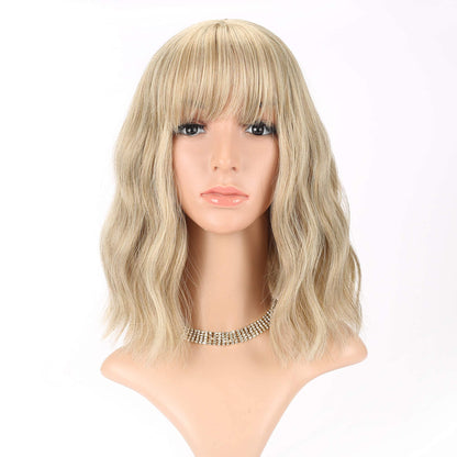 FAELBATY Blonde & Gold Bob Wig - Loose Wave, Air Bangs, Shoulder Length, Curly Wavy Synthetic, Mix Colors, 12"