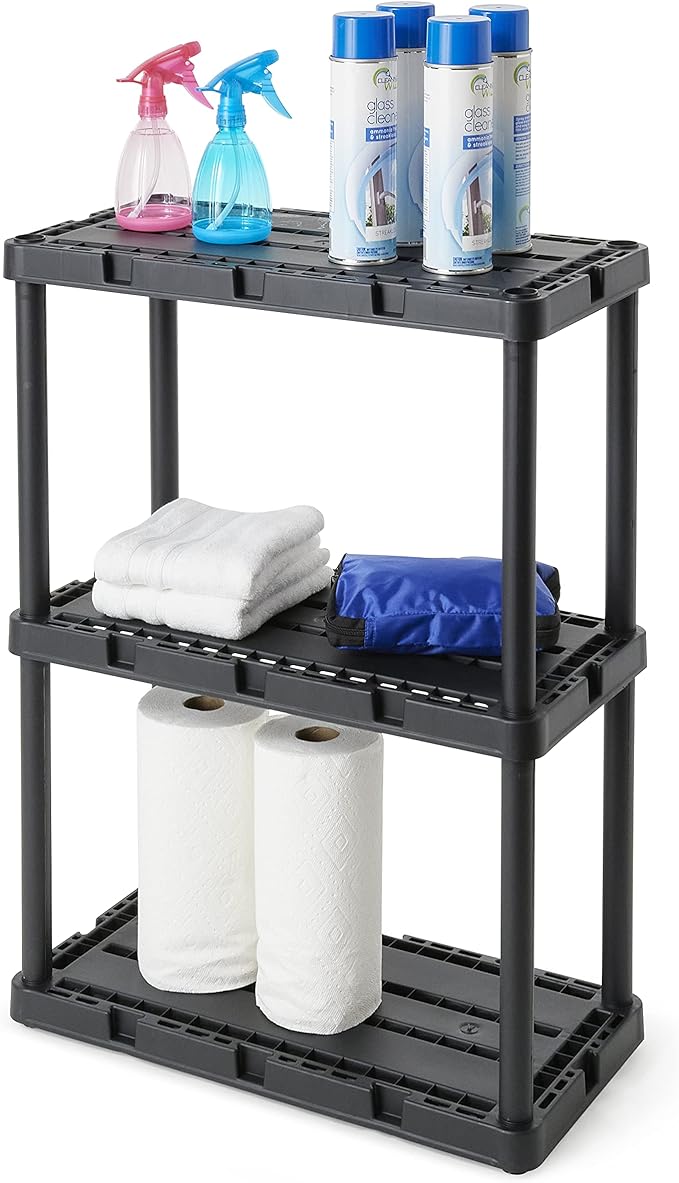 Gracious Living 4 Pack Light Duty Storage Shelves, Knect-A-Shelf 3-Shelf Ventilated Shelving Rack Organizer for Home, Garage, Basement, Laundry, Black
