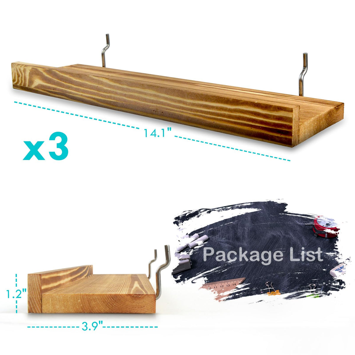 Wood Pegboard Shelves & Brackets Set - 3Pack 1/4 inch Peg Board Display Racks 14" x 4" Slat with Lip - Aesthetic Display & Storage Shelf for Room Office Craft Studio Workshop Workspace Garage (Brown)