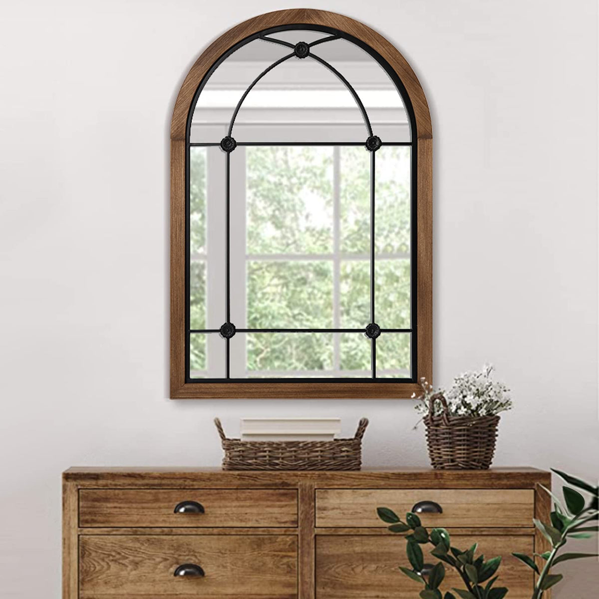 blue page 36x24 Inch Arched Wall Mirror with Rustic Wood Frame, Farmhouse Window Pane Mirror for Entryway, Bathroom Vanity and Living Room Decor, Dot Brown
