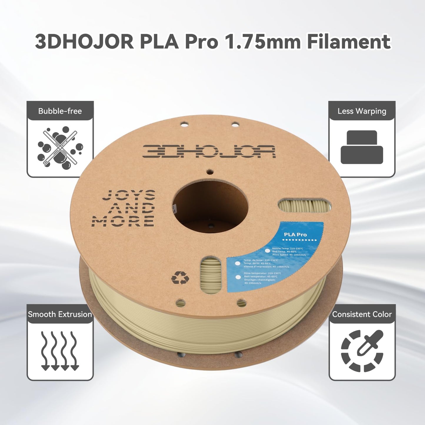 3DHoJor PLA Pro Filament 1.75mm,3D Printer Filament,1kg Cardboard Spool (2.2lbs), Fit Most FDM 3D Printer, Bone White