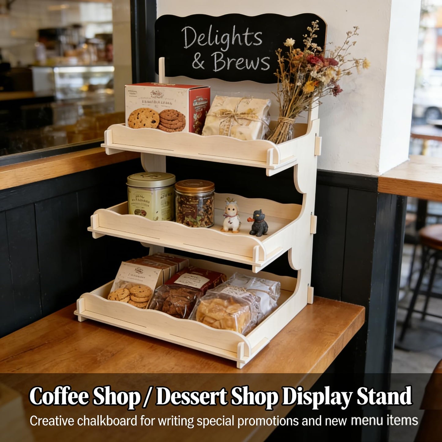 3-Tier Cookie Display Stand with Extra Tall 6.5” Between Tiers – Wooden Cookie Stand with Chalkboard Sign for Vendors, Bakers, Market & Craft Fairs – Holds More Cookies, Cupcakes, Muffins, Pastries