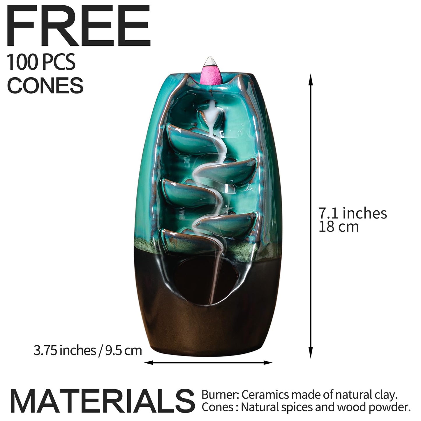 INONE Ceramic Incense Burner with 100 Upgraded Cones, Waterfall Backflow Incense Holder, Aromatherapy Ornament, Zen Decor, Home Decor, Room Decor (Cyan)