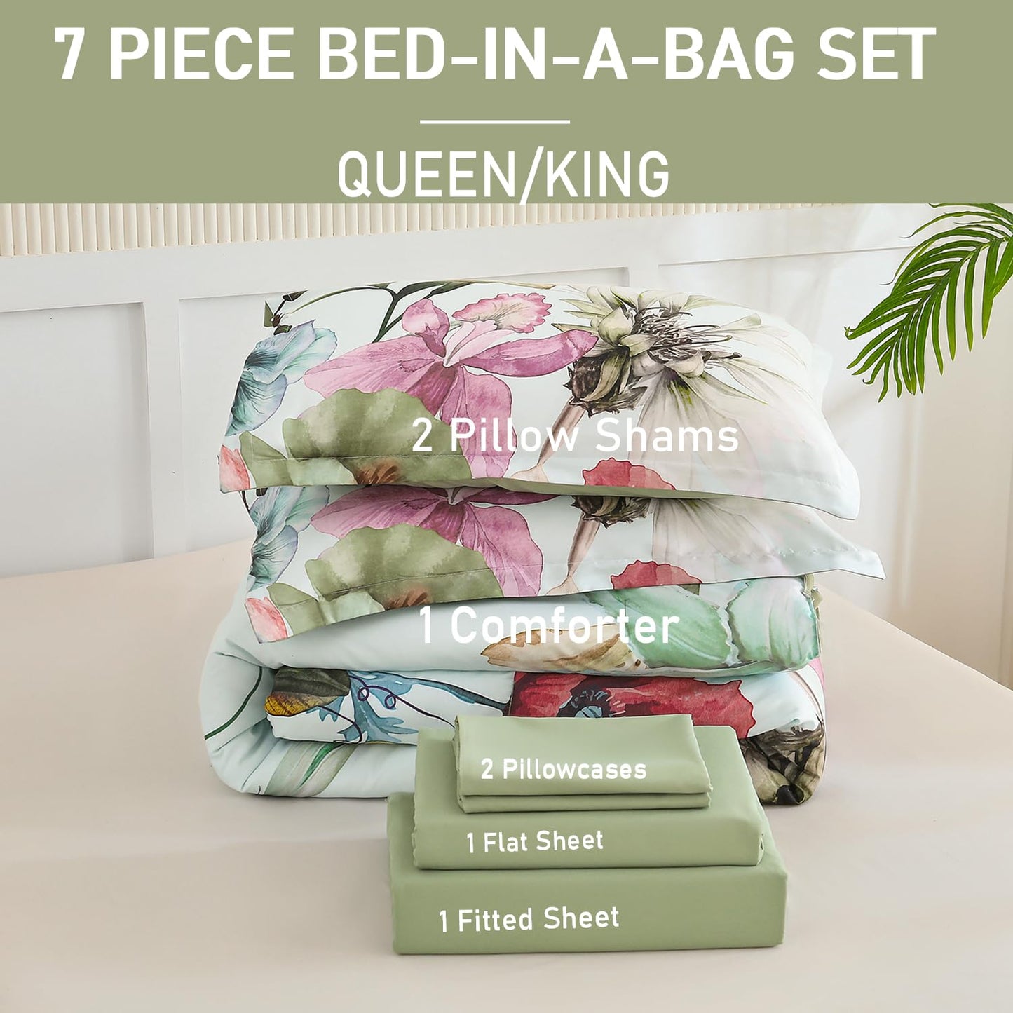 Yogeneg Queen Comforter Set 7 Piece Bed in a Bag,Elegant Floral Botanical Pattern Green Bedding Set,Soft Microfiber Comforter with Sheet Set,All Season Bed Set(Green Floral,Queen)