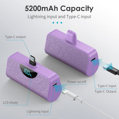 Mini Portable Charger USB-C Power Bank 5200mAh,Ultra Compact LCD Display Battery Pack Backup Charger Compatible with iPhone 17/17 Air/17 Pro/17 Pro Max/16/16 Plus/16 Pro Max/15 Series,Samsung-Green