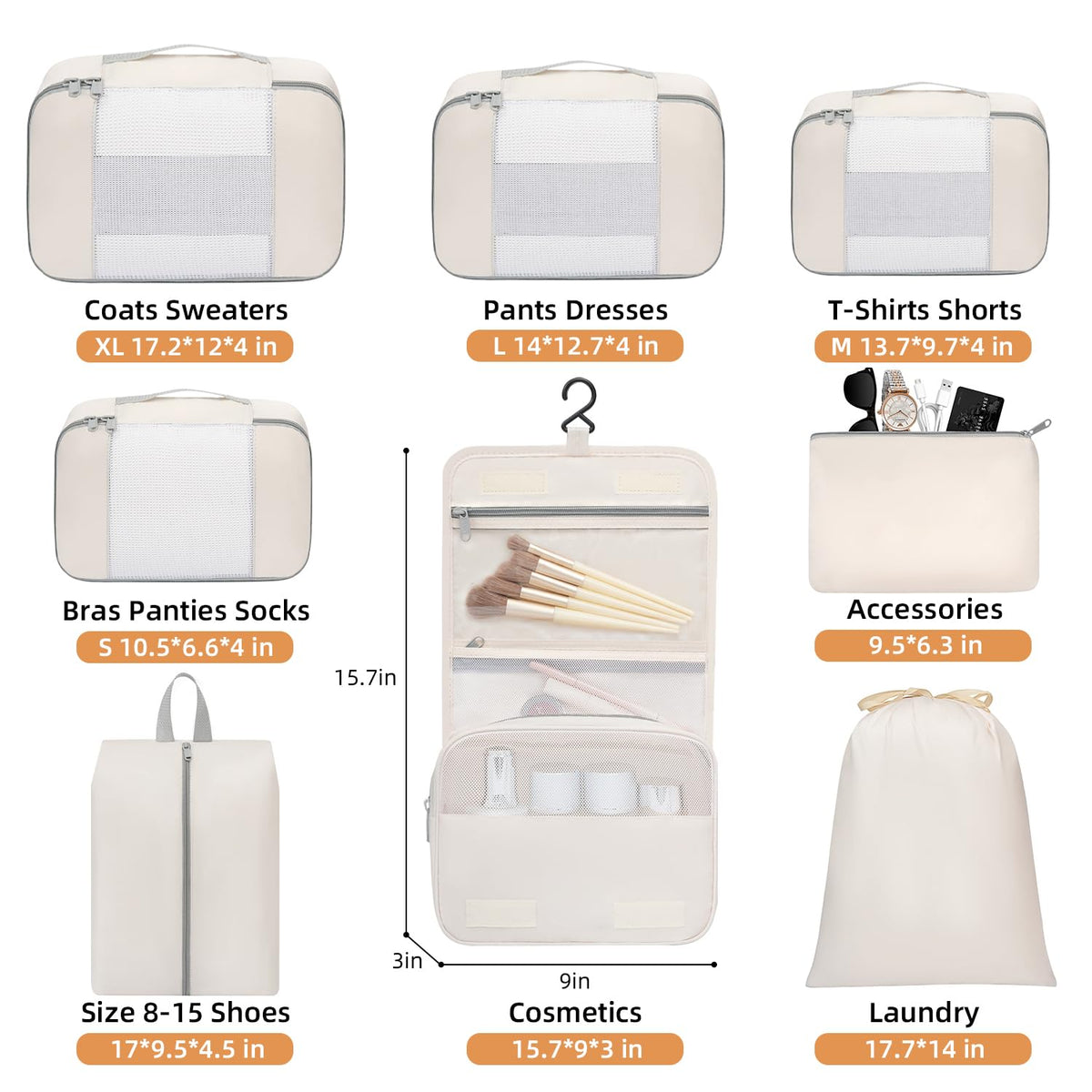 BAGAIL 8 Set Packing Cubes Various Sizes Packing Organizer for Travel Accessories Luggage Carry On Suitcase-Beige