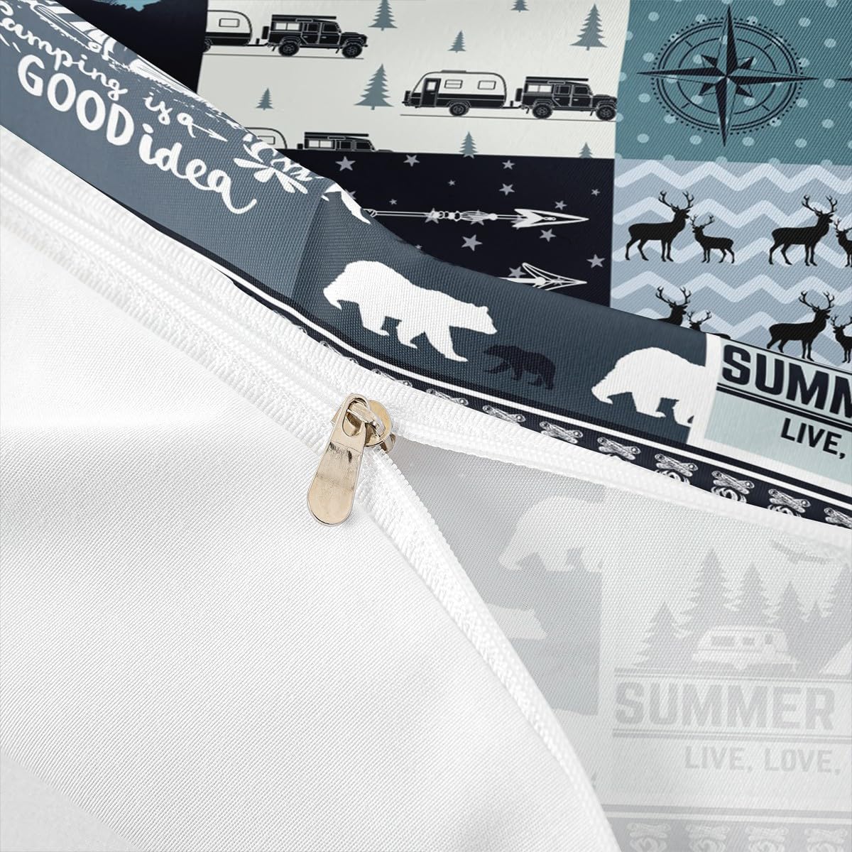 Camping Camper Duvet Cover Set Queen,Classic Lattice Bedding Set 3pcs for Kids Teens Adults Room Decor,Bear Deer Wild Animal Comforter Cover Rustic Farmhouse Blue Quilt Cover with 2 Pillowcases