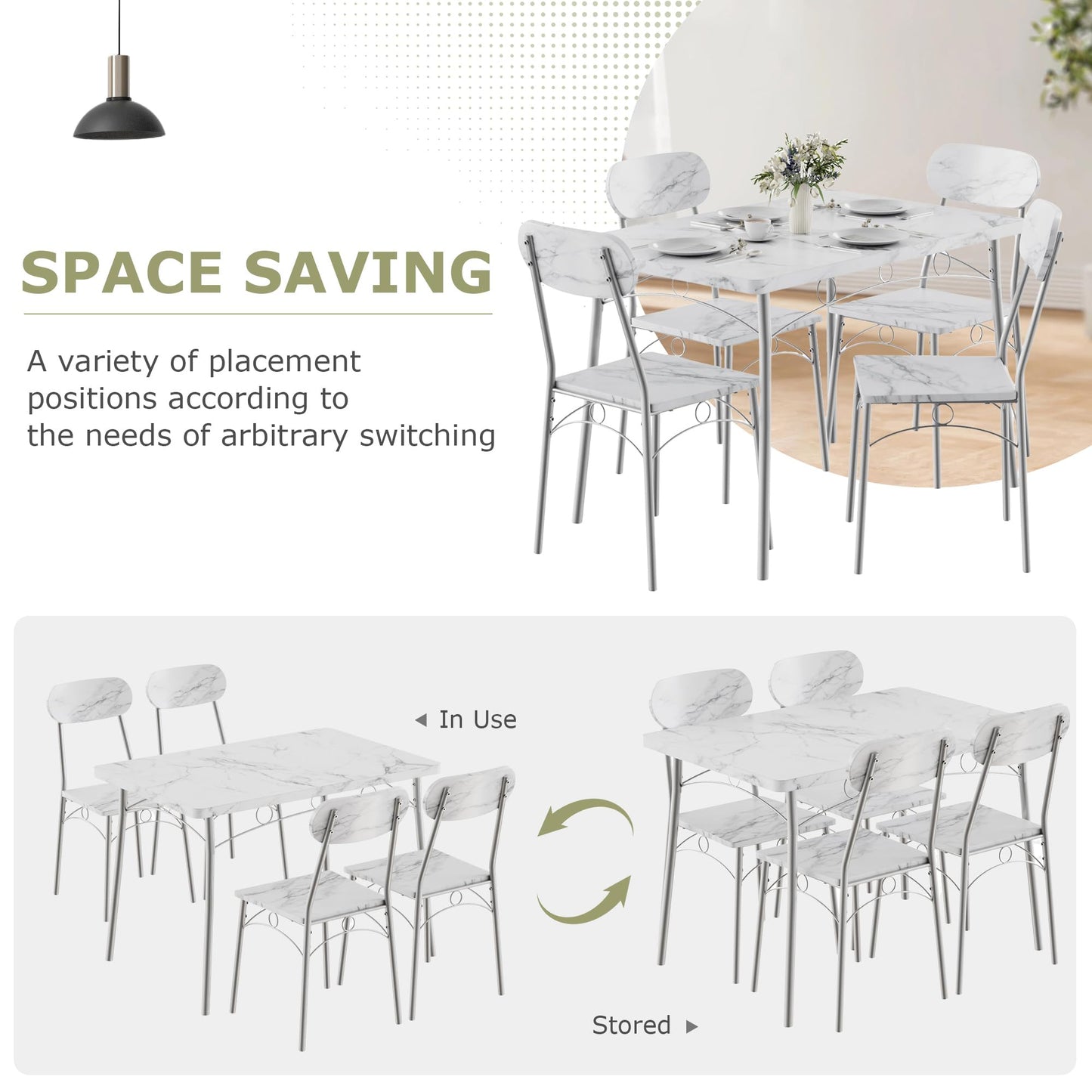 VECELO Dining Table Set for 4, 5-Piece Kitchen Table with 4 Chairs, MDF Board Tabletop with Metal Frame for Small Space, Compact Dinette, Breakfast Nook, Marble White