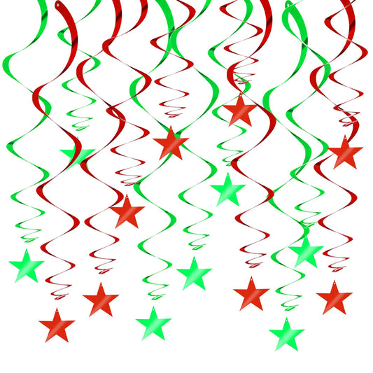 BEISHIDA Red Green Star Hanging Swirl Christmas Decorations Ceiling Hanging Party Supplies for Christmas Birthday Wedding Decorations, Pack of 15