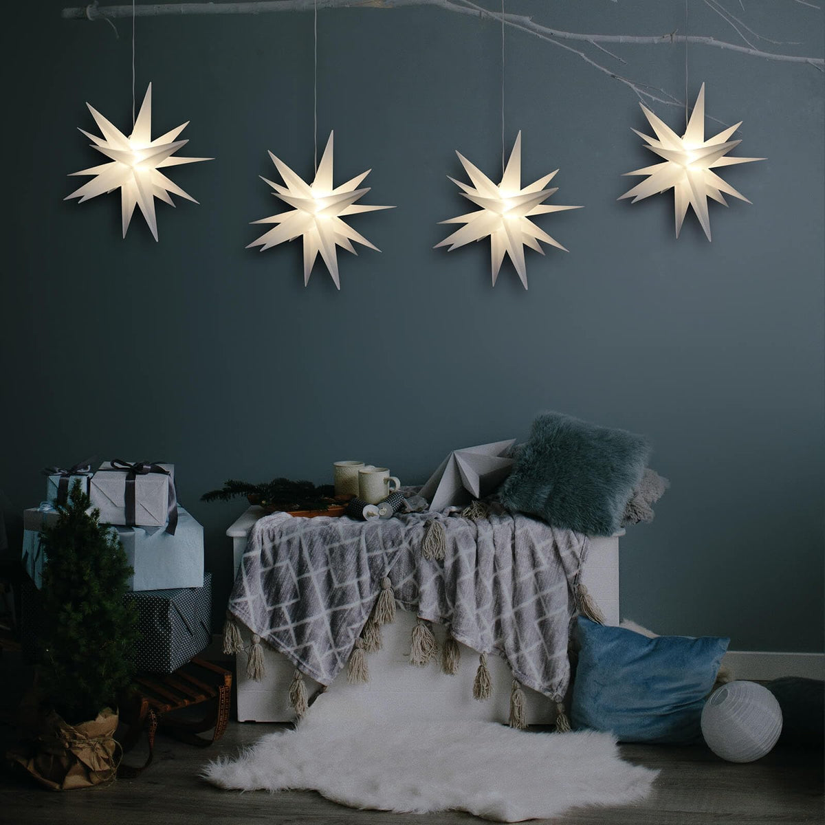 Leejec 9.4" Moravian Star Outdoor Light with Remote Control, Christmas Decorations, Indoor Hanging, Warm White LED Light, Battery Operated with Timer Function, 4-Pack, Tree, Ceiling, Balcony Décor