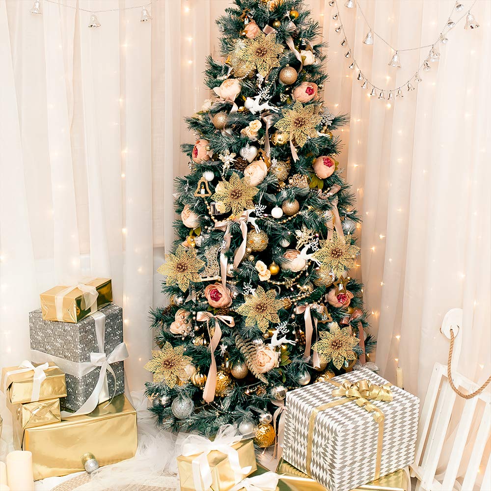 Winlyn 26 Set 3 Style Christmas Gold Glitter Poinsettia Flowers Picks Xmas Tree Ornaments and 20 Yards Decorative Gold Glittered Wired Ribbon for Christmas Tree Wreaths Garland Holiday Décor