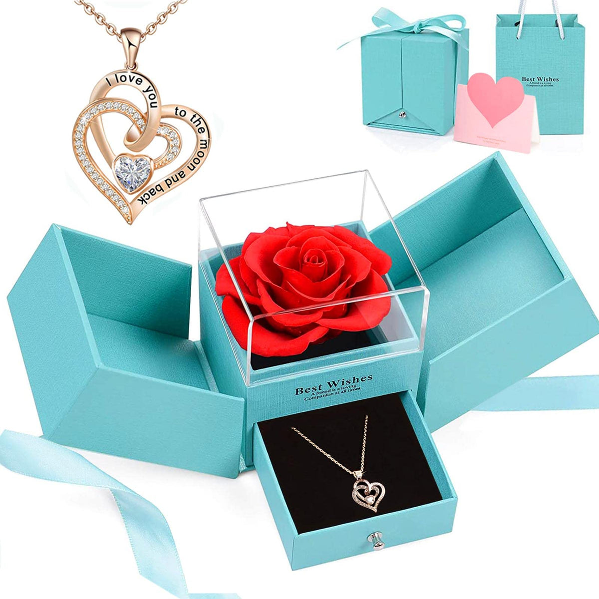 JOACHIO Mom Gifts, Preserved Rose Box with Heart Necklace,Gift Box and Cards, Gifts Ideas for Her, Gift Card Eternal Flowers for Mothers Day, Valentines, Birthday, Anniversary