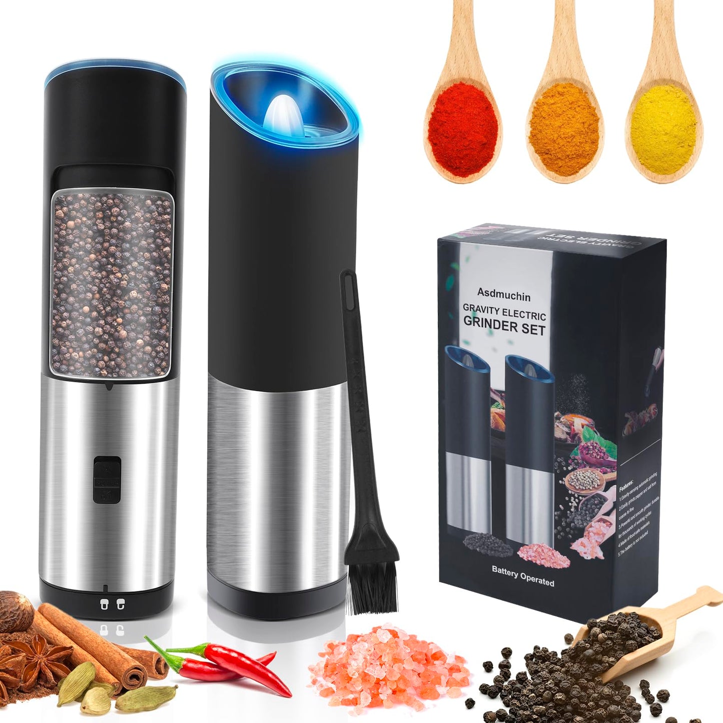 Asdmuchin Gravity Electric Salt and Pepper Grinder Set, Automatic Battery Pepper Mill Grinder, Large Capacity, Adjustable Coarseness, Stainless Steel, LED Light