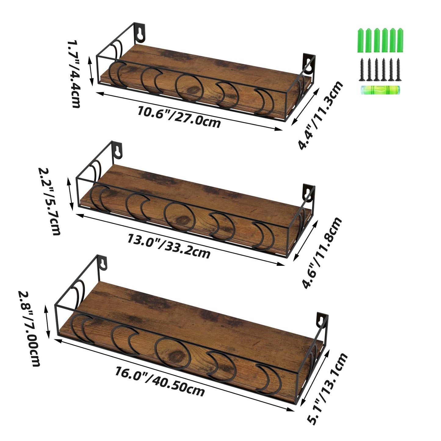 Serwrsw Moon Phase Wall Shelves Brown Black, 3 Pack Small Floating Book Plant Shelves for Bedroom Kid Room, Decorative Storage Display Shelf for Crystal Figurine Collectibles
