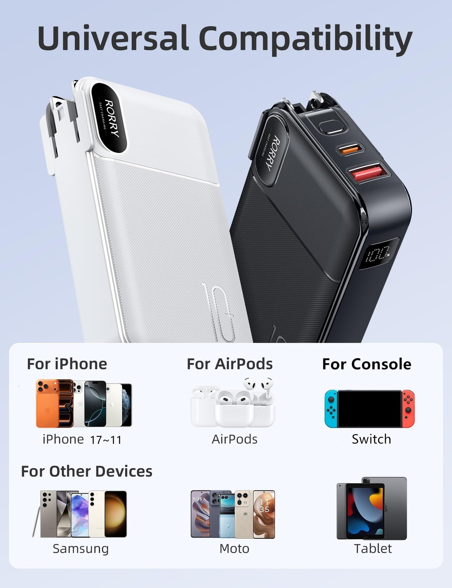 RORRY Portable Charger Built in Cables, AC Wall Plug In Portable Charger Power Bank 10000mAh Travel Battery Pack 22.5W Fast Charging for iPhone 17/16/15 Samsung Galaxy S25/S24/S23 Pixel LG iPad, Black