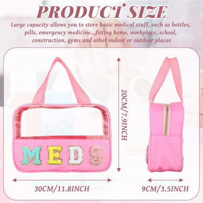 Silkfly Chenille Letter Medicine Meds Medical Bag Makeup First Aid Bag for Travel Preppy PVC Nylon Emergency Patch Cosmetic Toiletry Storage Pouch Waterproof with Handle Zipper for Women(Classic)